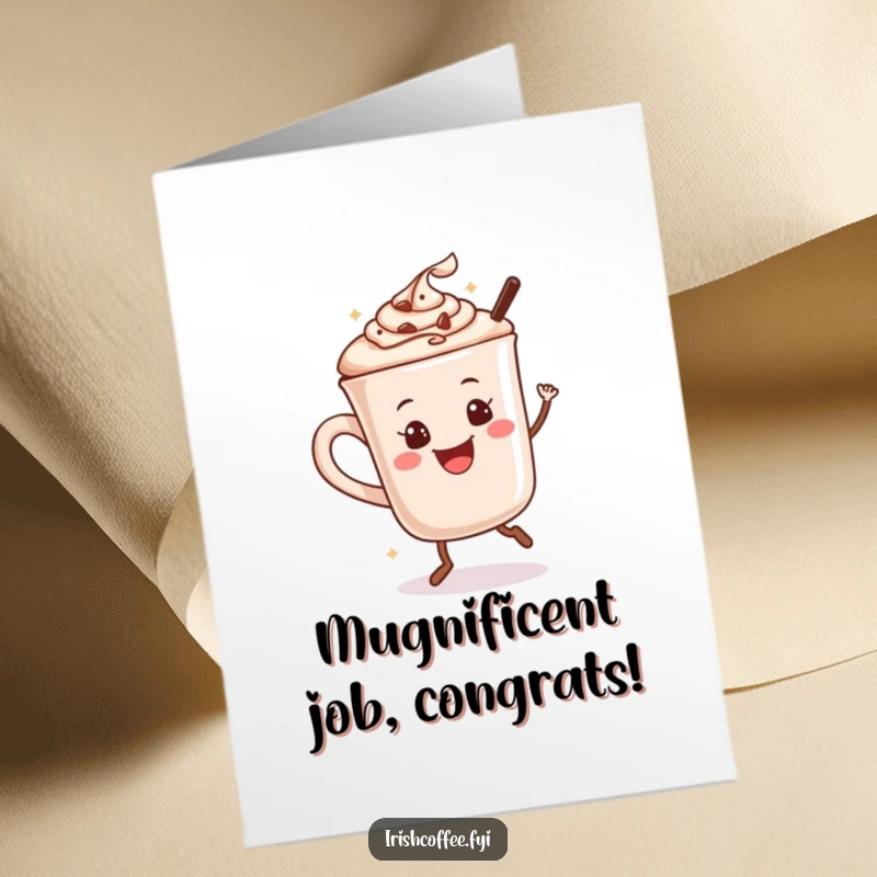 Funny Free Printable Congratulations Card: a smiling hot chocolate mug doing a happy dance to celebrate success.