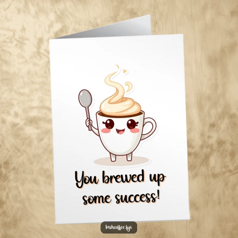 Free Printable Congratulations Card: A smiling coffee cup character with steam, enthusiastically waving a spoon in celebration.