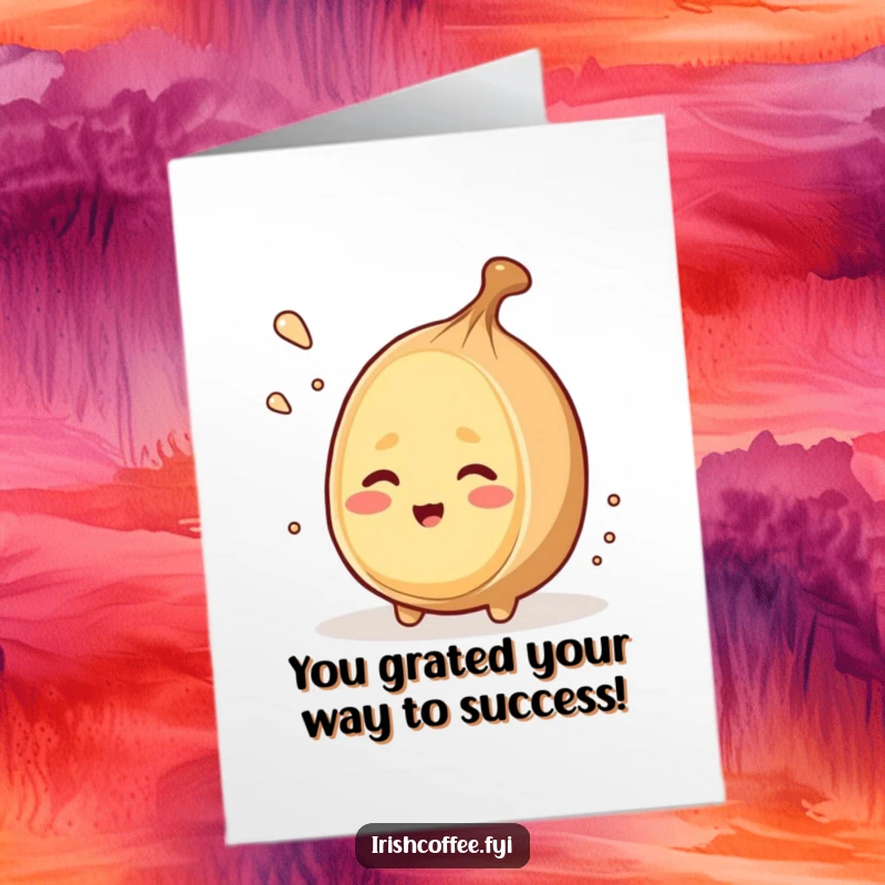 Funny Free Printable Congratulations Card: A winking nutmeg grates itself with flair, perfect for a humorous congratulations.