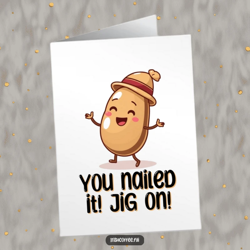Funny Free Printable Congratulations Card: Cheerful coffee bean wearing a hat, dancing joyfully, celebrating success.