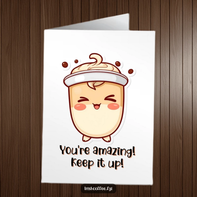 Funny Free Printable Congratulations Card showing a jubilant coffee character winking mischievously, perfect for a sly celebration.