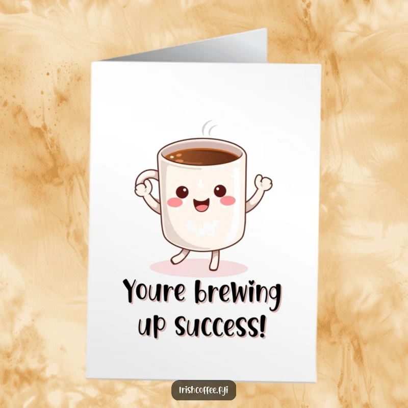 Funny Free Printable Congratulations Card: A cheerful coffee mug character dancing, ideal for DIY.