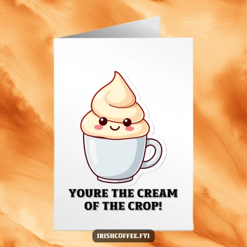 Funny Free Printable Congratulations Card: A happy cream dollop character peeks from a tiny mug, offering sweet success wishes.