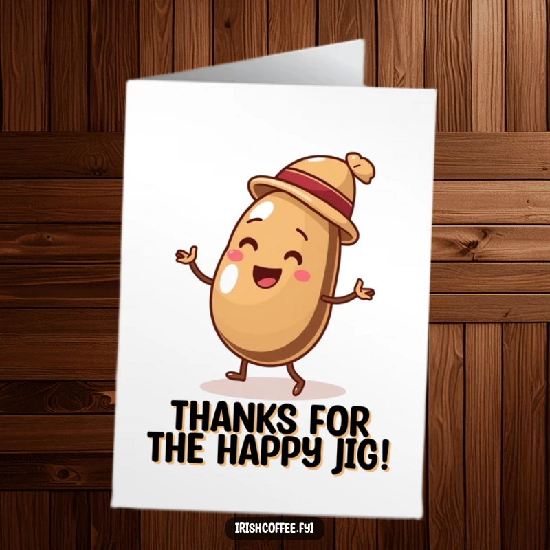 Funny Free Printable Thank You Card: A delighted coffee bean wearing a hat, performing a lively jig to show thanks.