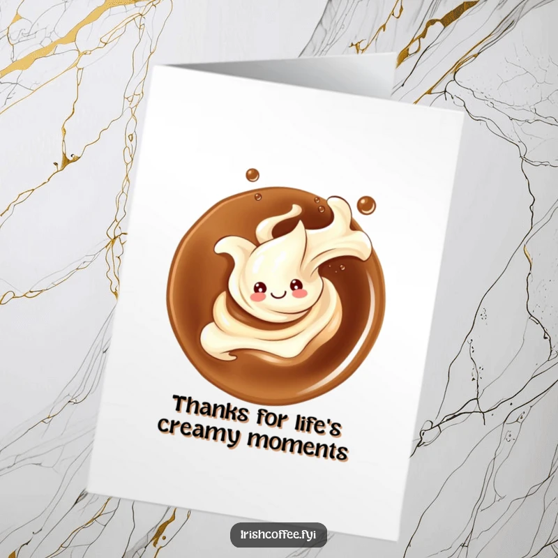 Funny Free Printable Thank You Card: A cream splash smiles while elegantly twirling in coffee, a graceful thank you.