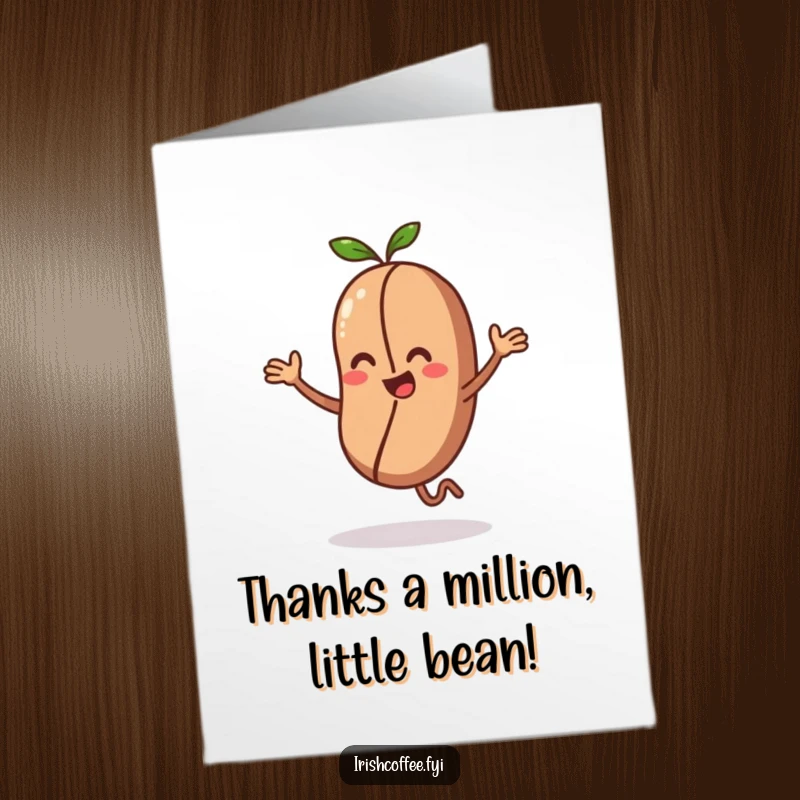 Funny Free Printable Thank You Card: A small coffee bean character performing an energetic dance to express thanks.