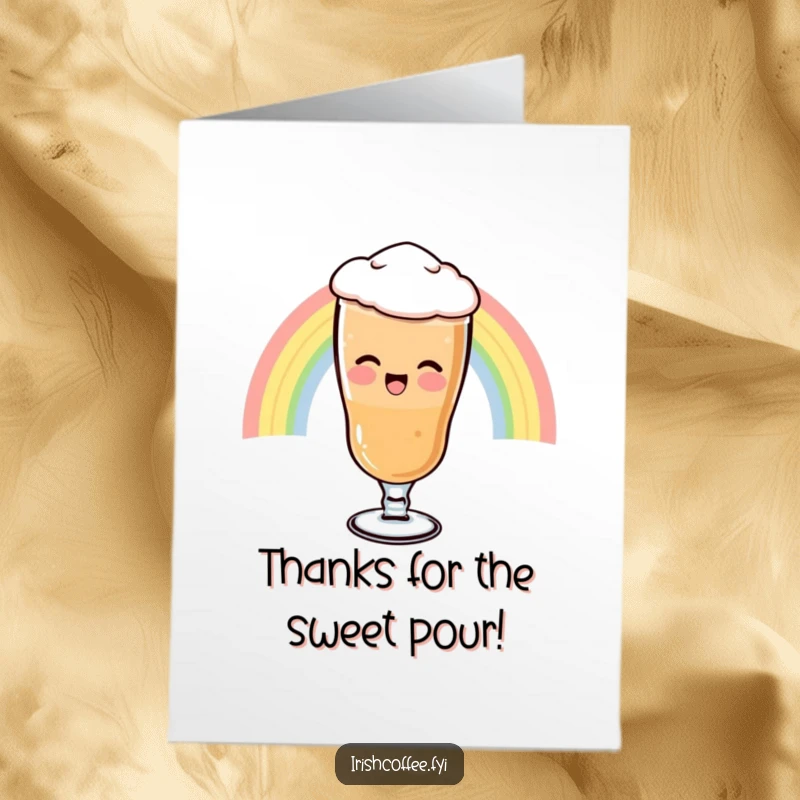Funny Free Printable Thank You Card: A giggling Irish coffee glass slides down a rainbow, expressing thanks with magical humor.