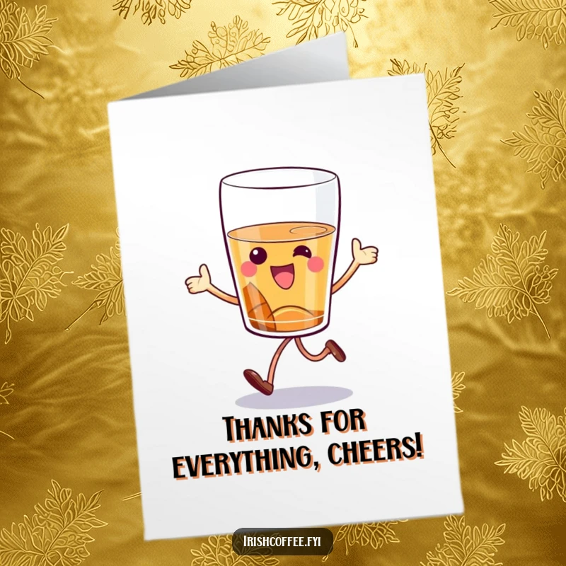 Funny Free Printable Thank You Card with a happy whiskey glass doing an energetic hop, expressing thanks with humor.