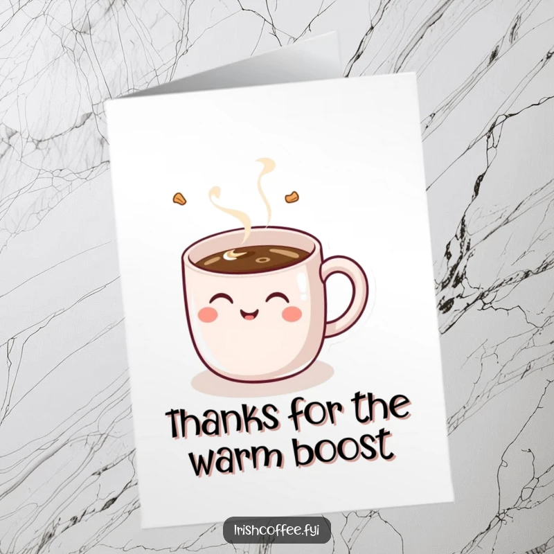 Funny Free Printable Thank You Card: A jovial coffee mug with a handle giggling uncontrollably while being filled with a hot drink.