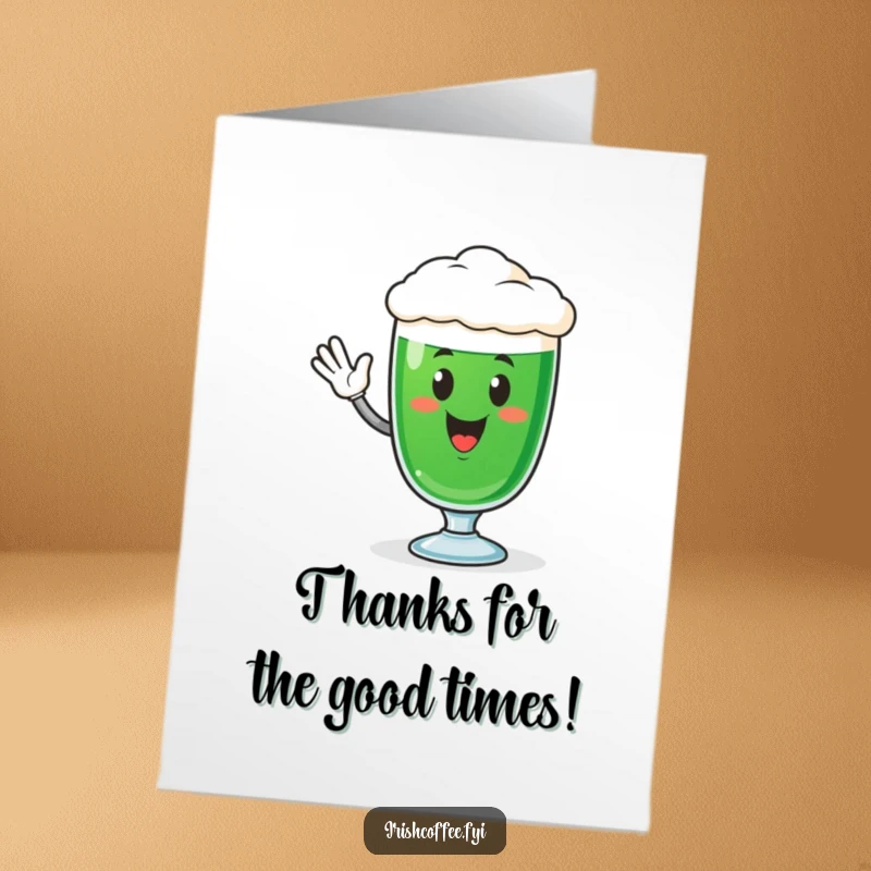 Funny Free Printable Thank You Card: Smiling Irish coffee glass character waving, conveying heartfelt thanks.