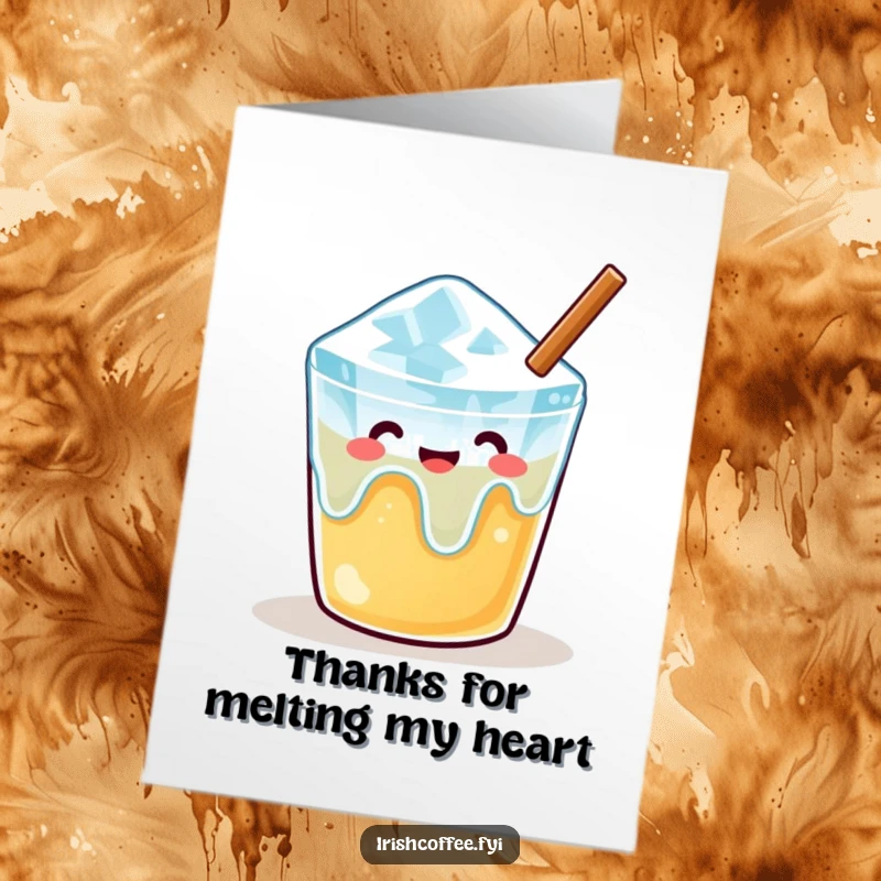 Funny Free Printable Thank You Card: A melting ice cube looks content in a warm beverage, sending cozy thanks.