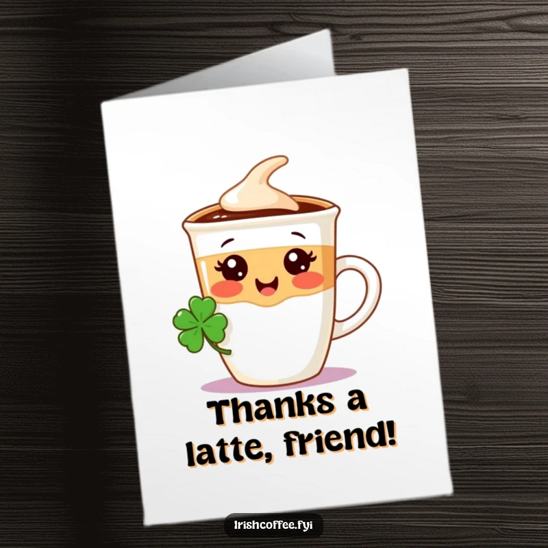 Funny Free Printable Thank You Card: Delighted coffee cup character wearing a shamrock, offering warm thanks.