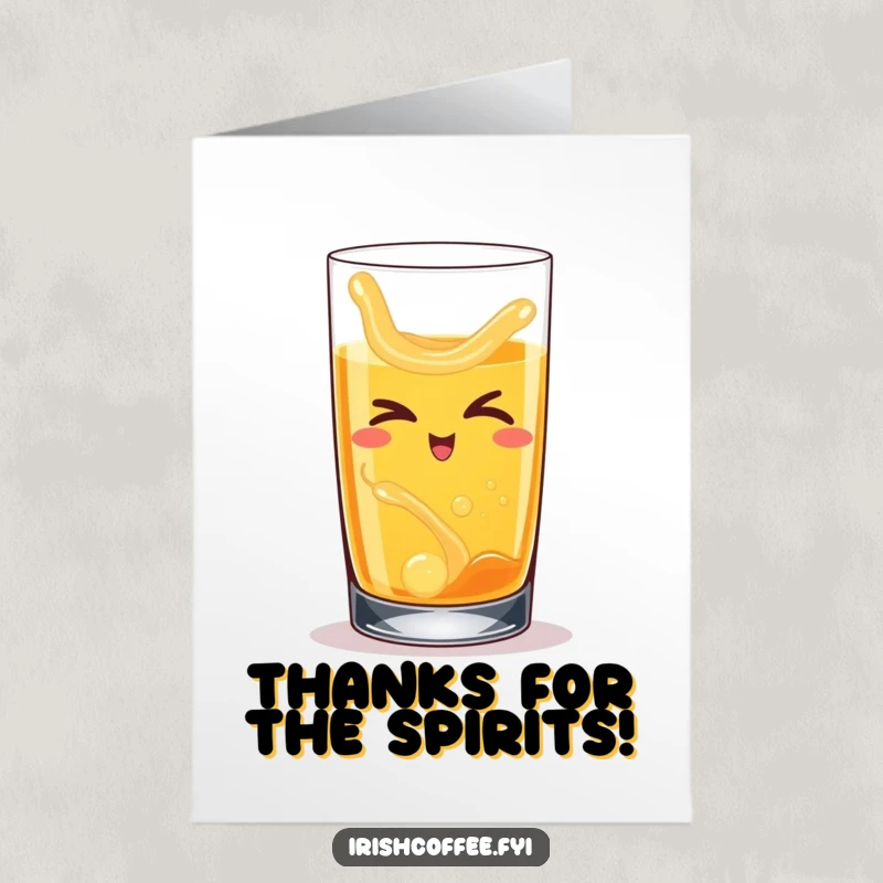 Funny Free Printable Thank You Card with a happy whiskey glass winking slyly, a great downloadable gift to express thanks humorously.