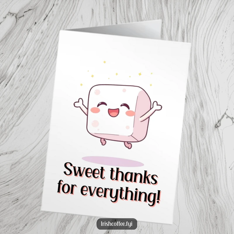 Funny Free Printable Thank You Card: A gleeful sugar cube leaping with joy, showering sparkles as a thank you.