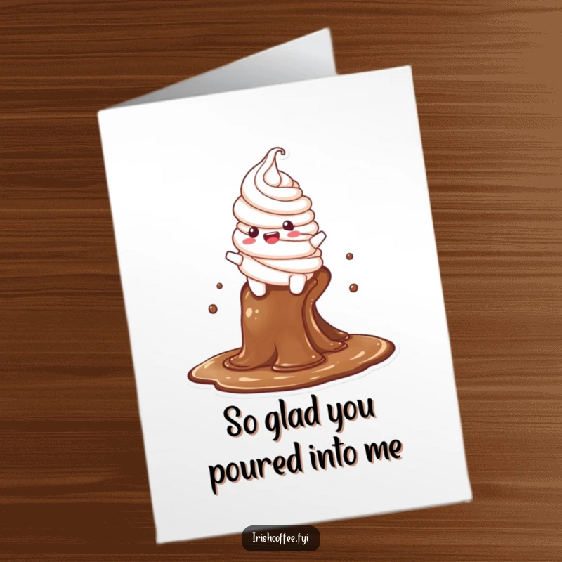 Funny Free Printable thank you card showing a happy whipped cream character on a coffee stream adventure.