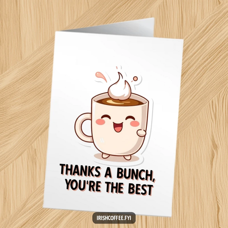 Funny free printable thank you card: A cheerful mug character enjoying a sip of coffee with evident delight, expressing thanks.