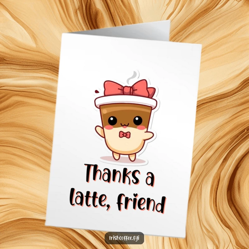 Funny Free Printable Thank You Card: A playful coffee character with a bow spinning, offering thanks with cheer.