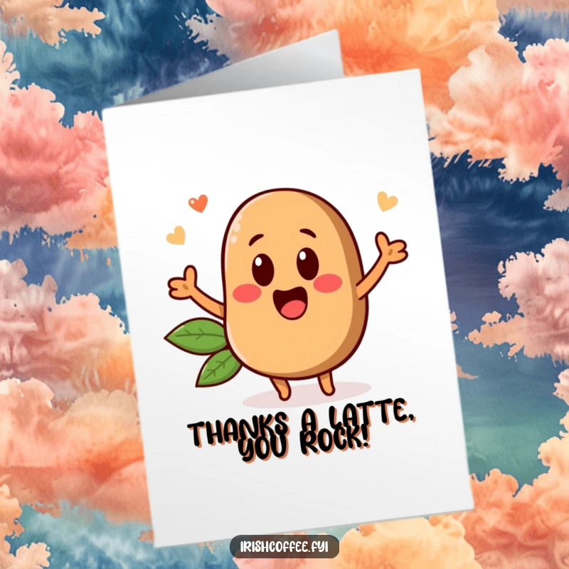 Funny Free Printable Thank You Card with an energetic coffee bean character popping up to express gratitude.