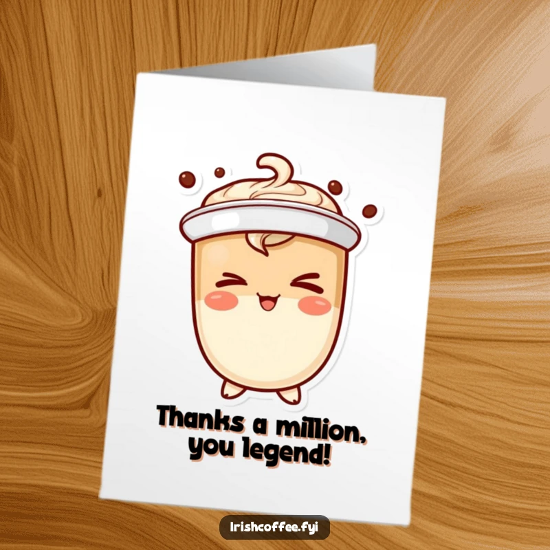 Funny Free Printable Thank You Card with a jubilant coffee character winking mischievously, conveying thanks with a playful air.