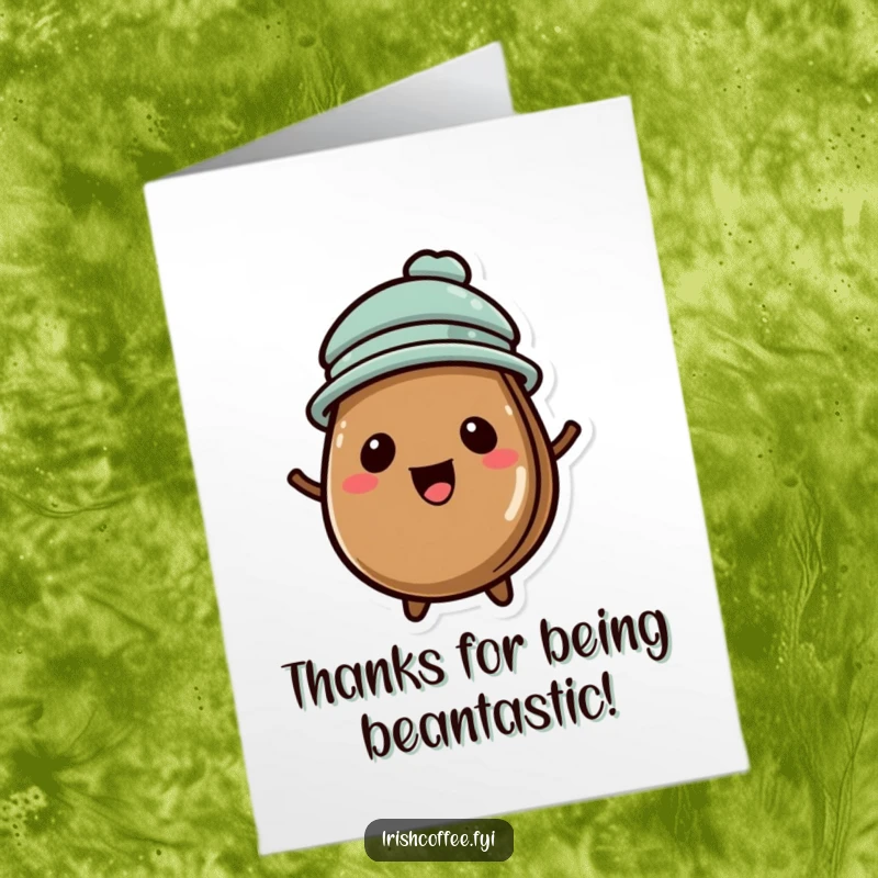 Funny Free Printable Thank You Card: a delighted coffee bean wearing a tiny hat, offering warm thanks.