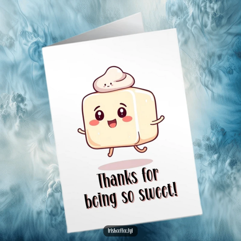 Funny Free Printable Thank You card featuring a playful sugar cube with a grin, happily hopping, perfect for sweet appreciation.
