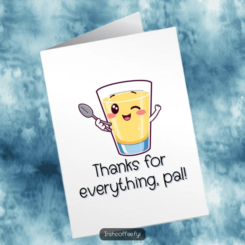 Funny Free Printable Thank You Card: A happy shot glass giggles and winks, holding a tiny spoon, offering a fun thank you.