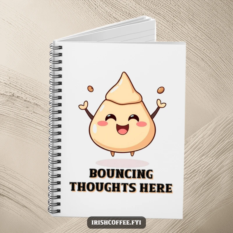 Funny notebook with a happy coffee liquor dollop bouncing, ready for your thoughts.