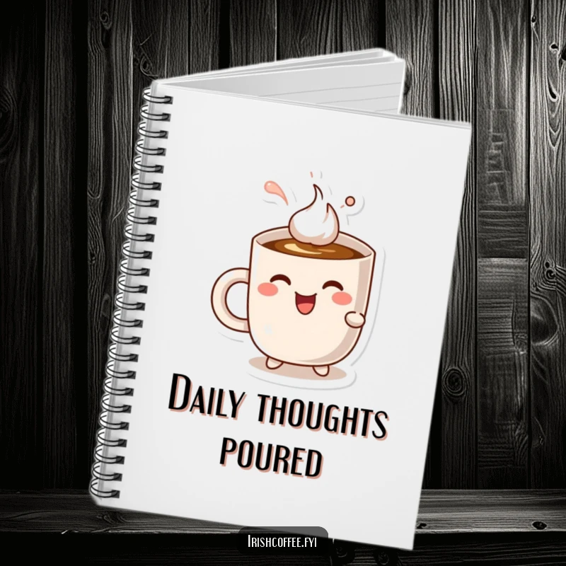 Funny cheerful coffee mug character delightedly sipping coffee, notebook for writing and planning.