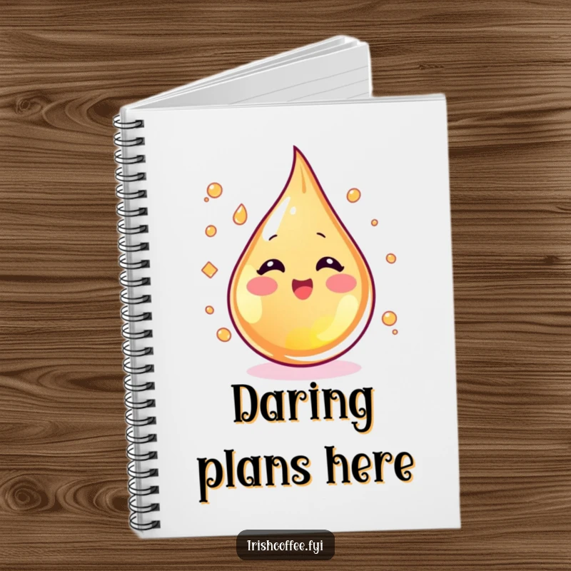 Funny blushing whiskey droplet swirling with excitement on a notebook cover, perfect for spirited and humorous notes.