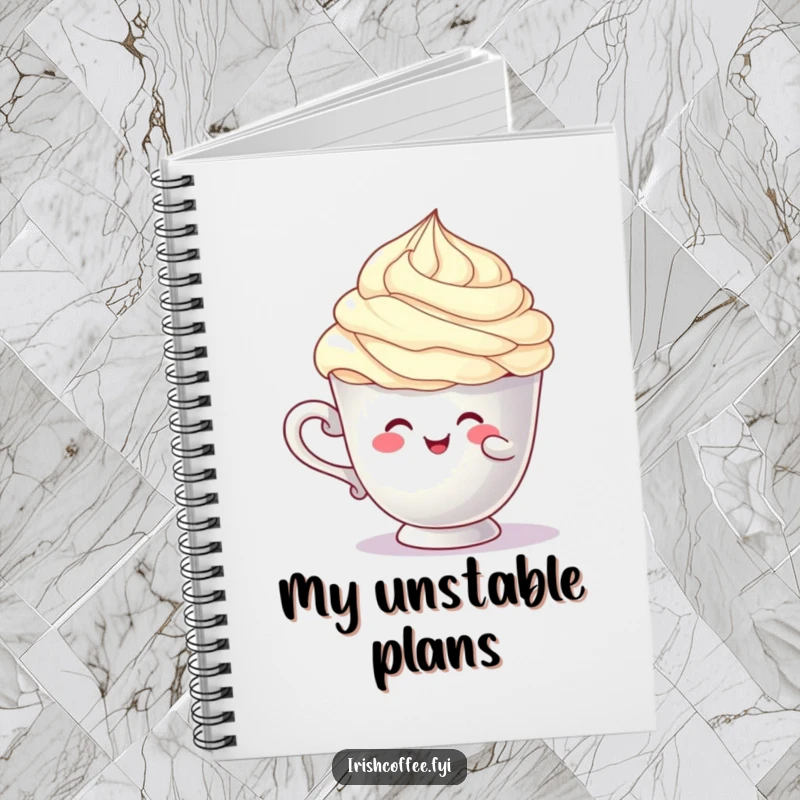 Funny cup character notebook comically balancing a cream swirl, ideal for writing and organizing with humorous relatability, perfect funny gift.