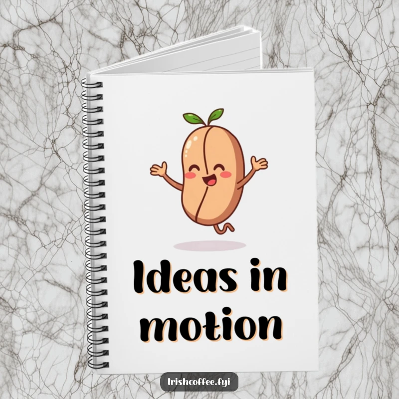 Funny notebook cover featuring a coffee bean character in a tiny, energetic dance, a fun and inspiring journal.