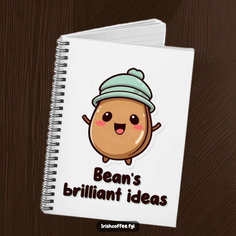 Funny notebook with a happy coffee bean wearing a tiny hat, ready for your thoughts.