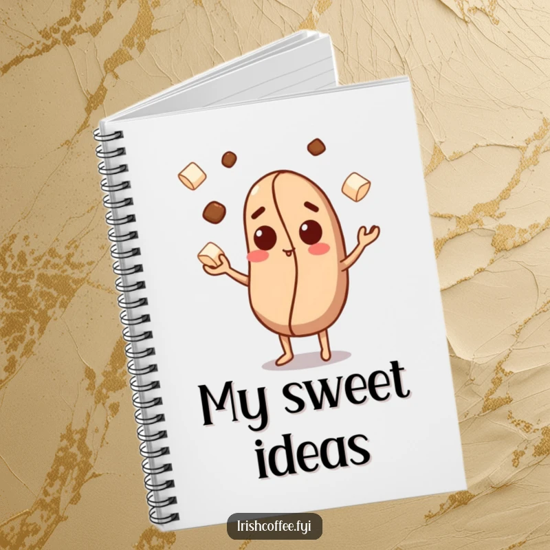 Funny notebook featuring a curious coffee bean character juggling sugar cubes, encouraging fun and organized note-taking.