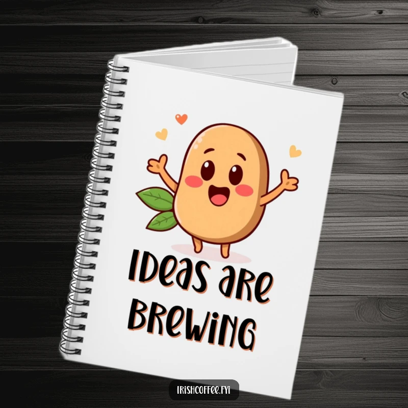 Funny notebook with a cheerful coffee bean character popping up on the cover, ideal for jotting down ideas with humor.