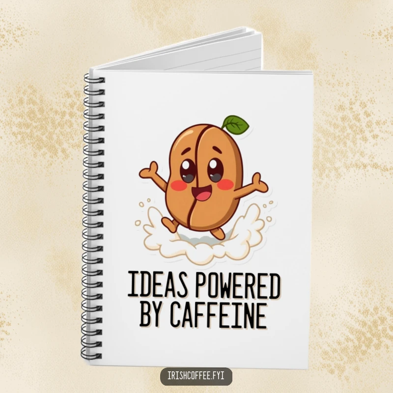 Funny happy coffee bean character with cheerful eyes, joyfully leaping from a frothy wave on the cover of a humorous notebook.