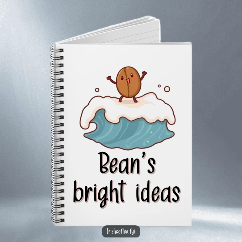 Funny coffee bean notebook with a dancing bean on a frothy wave cover, ideal for writing and coffee thoughts.