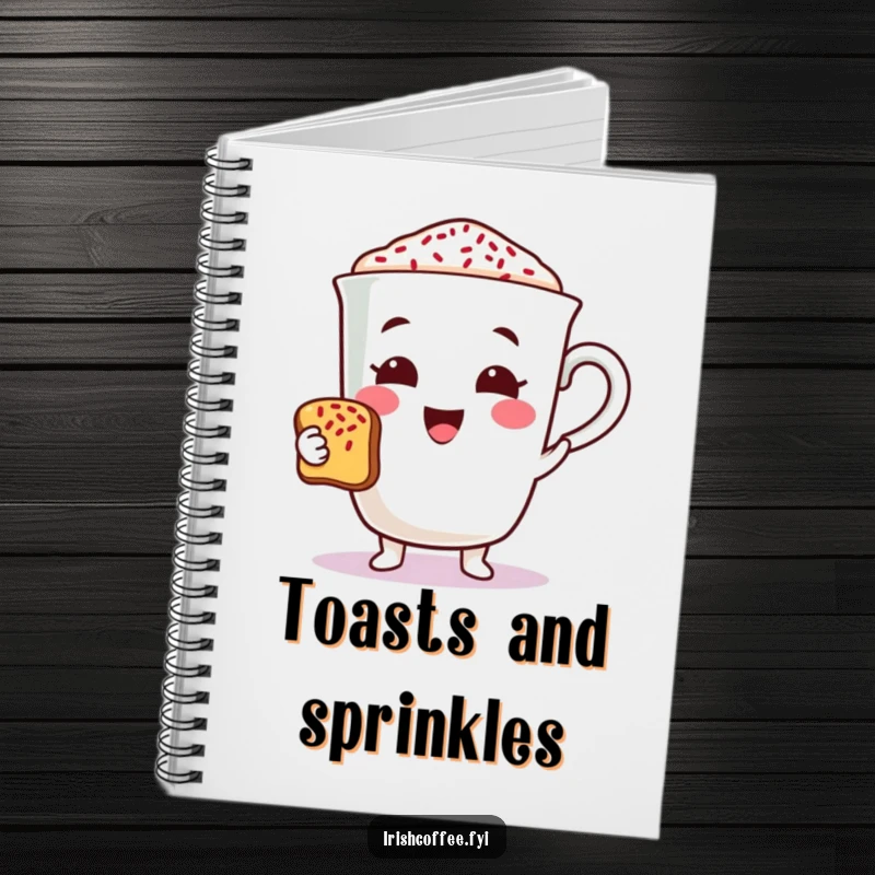 Funny coffee character notebook cheerfully offering a toast with sprinkles, perfect for jotting down notes with a humorous and celebratory touch.