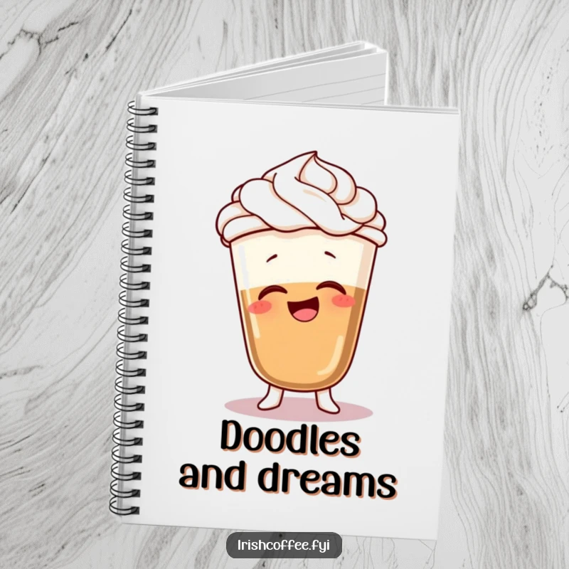 Funny notebook with a giggling coffee character, whipped cream hair, and a silly wobble, perfect for capturing thoughts humorously.