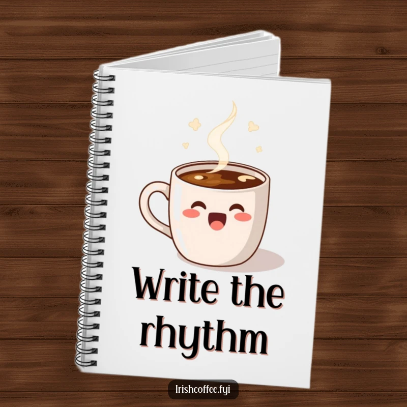 Funny Notebook with a delighted coffee mug and steam doing a happy dance, inspiring energetic thoughts and organized notes.