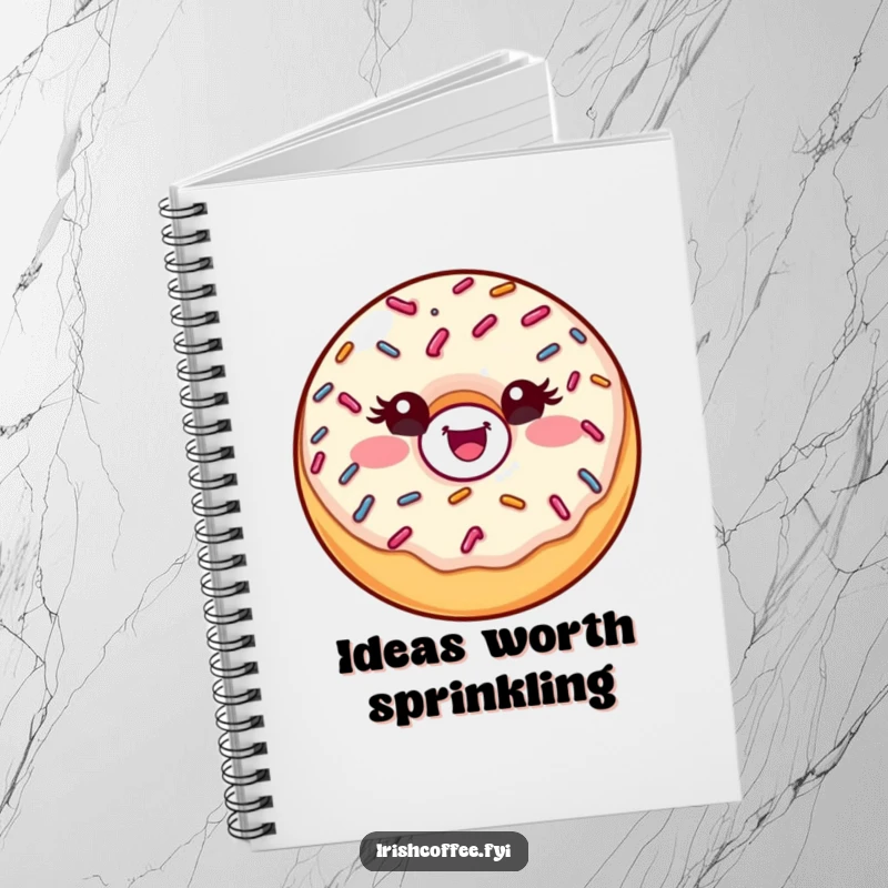 Funny donut notebook with a winking sprinkle donut cover, ideal for writing and creative ideas.