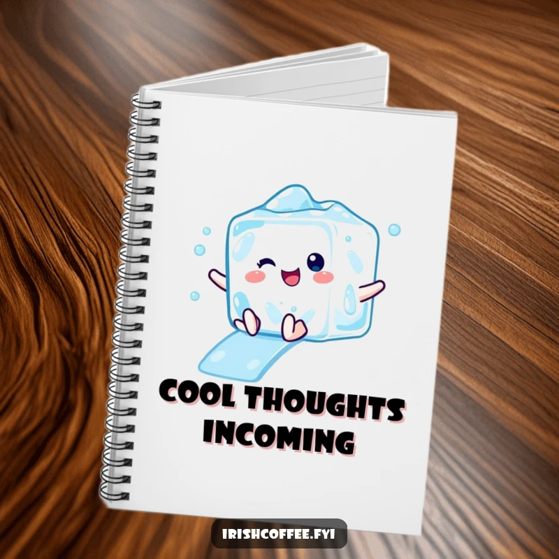 Funny notebook cover with a delighted ice cube character mid-slide, perfect for jotting down cool ideas and plans.