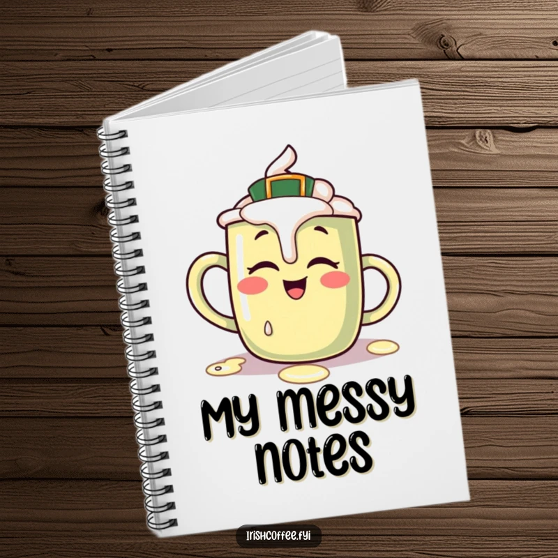 Funny notebook featuring a giggling Irish coffee mug character spilling cream, encouraging fun and spirited note-taking.