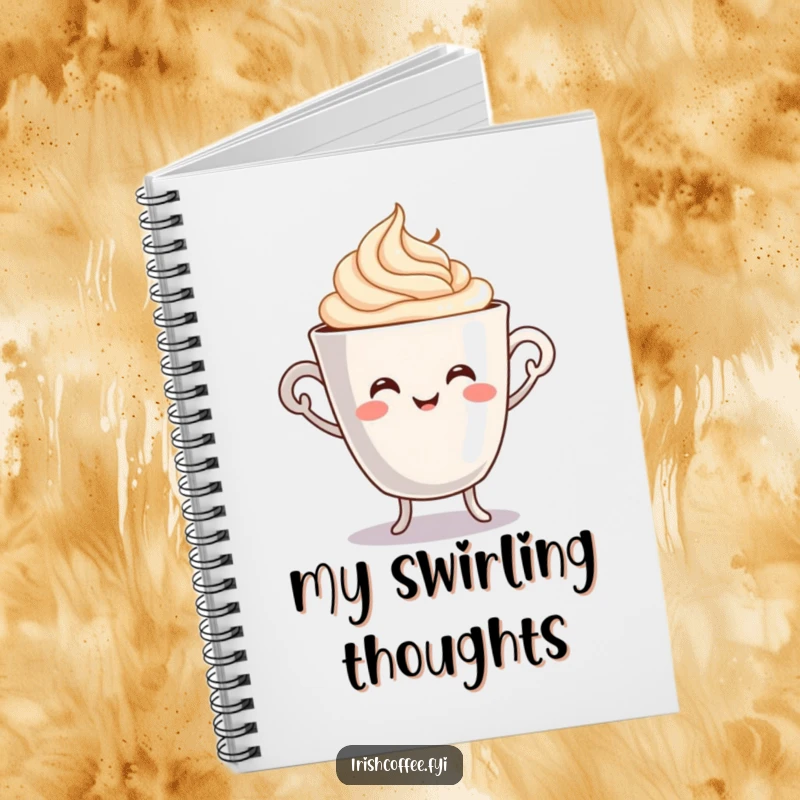 Funny notebook cover with a smiling coffee cup character doing a little jig with swirling cream, perfect for jotting down ideas.