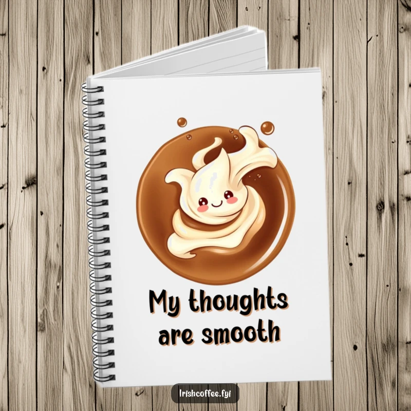 Funny notebook adorned with a smiling cream splash elegantly twirling, ideal for stylish note-taking and creative journaling.