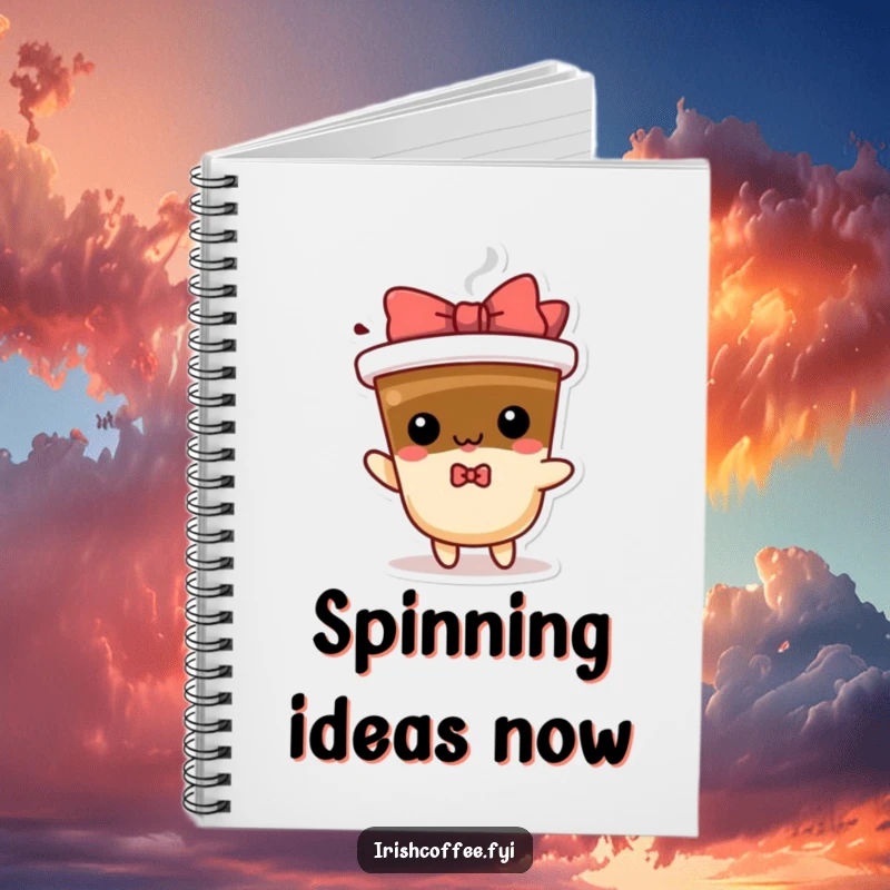 Funny spinning coffee notebook with a playful character and bow, perfect for jotting down notes with a humorous coffee theme.