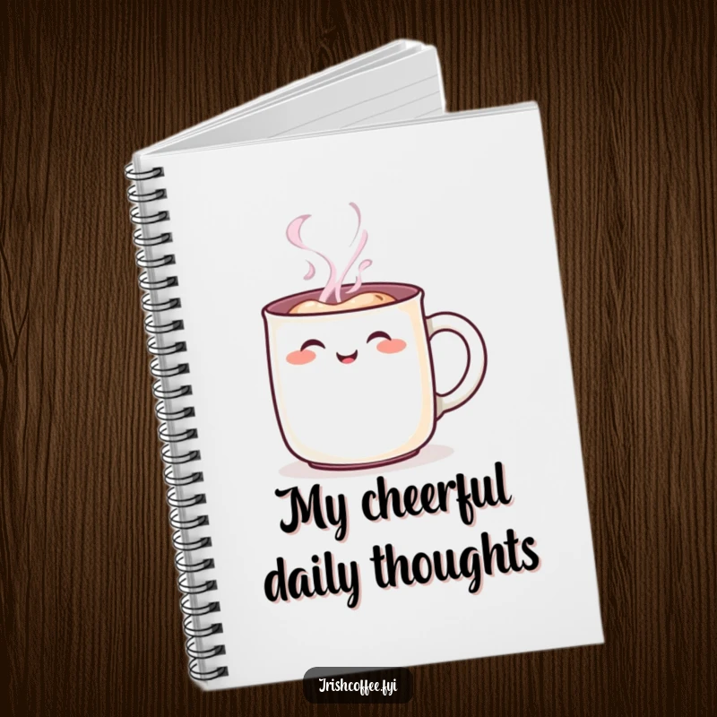 Funny steaming mug character notebook, featuring a cheerful rosy blush, ideal for writing and organizing with a humorous, happy touch.
