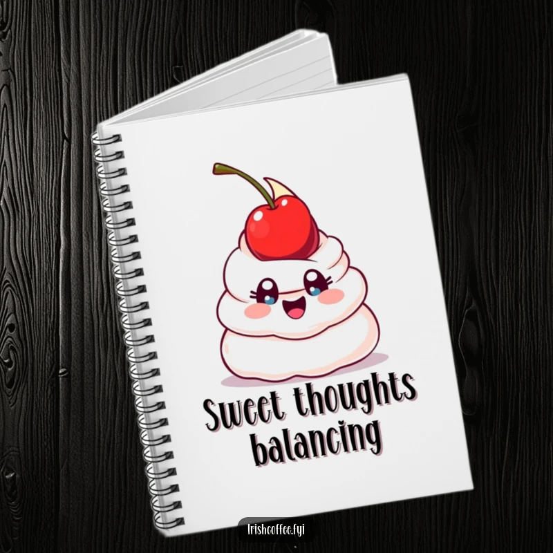 Funny notebook cover featuring a happy whipped cream dollop with wide eyes, humorously attempting to balance a cherry, perfect for jotting down sweet thoughts.
