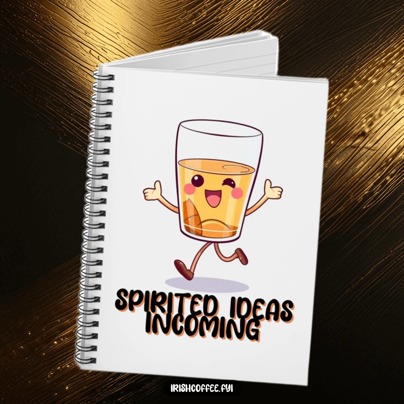Funny whiskey glass notebook with a cartoon character hopping joyfully, perfect for jotting down notes with a humorous and spirited touch.