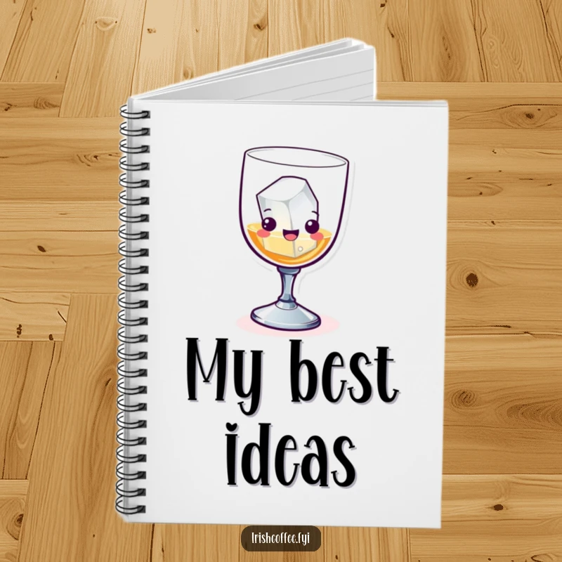 Funny whiskey glass with an ice cube skiing across a notebook cover, perfect for jotting down funny thoughts.