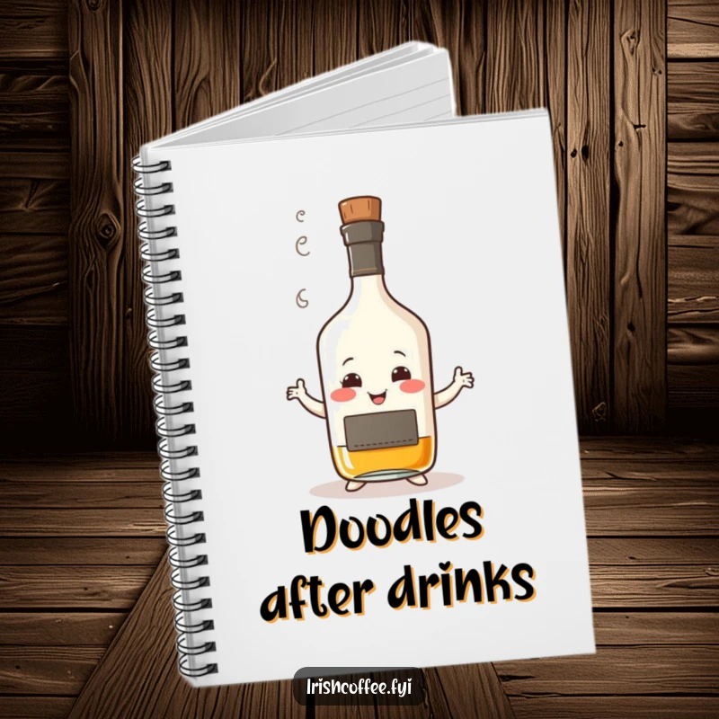 Funny notebook cover featuring a smiling whisky bottle with steam, humorously doing a wobbly dance, perfect for capturing spirited thoughts.